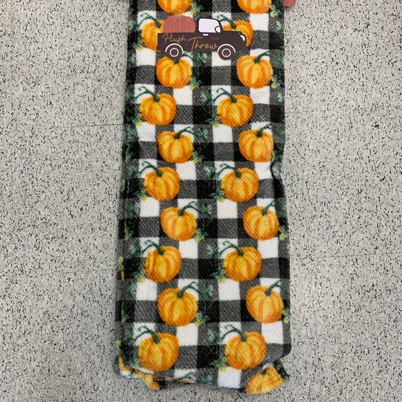 Orange Pumpkin Black White Buffalo Plaid Fall Farmhouse Autumn Harvest Blanket - Picture 2 of 10